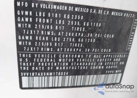 2022 Volkswagen Tiguan 2.0T S from USA, damaged, VIN 3VV1B7AX5NM176034